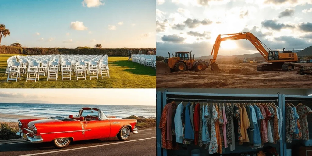 Image showcasing diverse rental niches: events, cars, clothes, and machinery