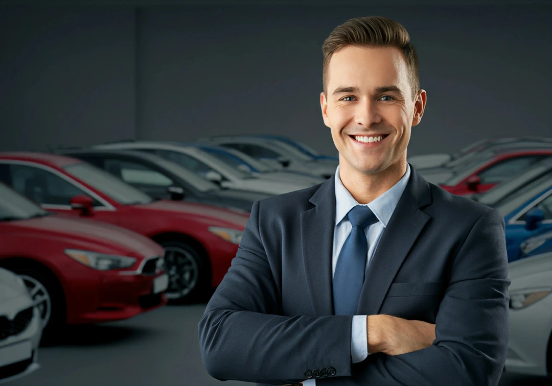 Professional standing confidently with rental cars, showcasing car rental business success.