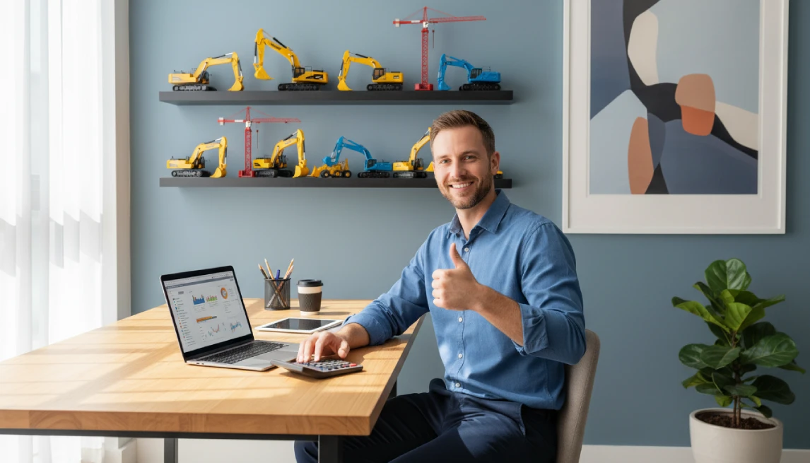 Businessman smiling at desk using dynamic solution to price rental equipment