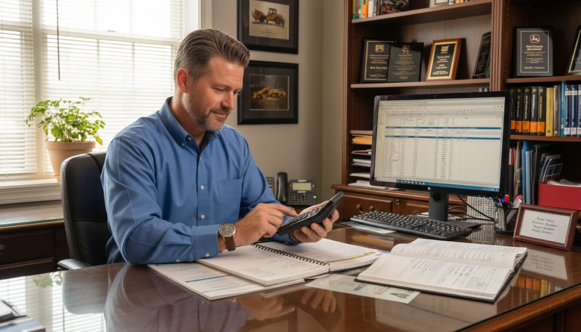 Business manager calculating equipment rental rates with calculator and spreadsheet