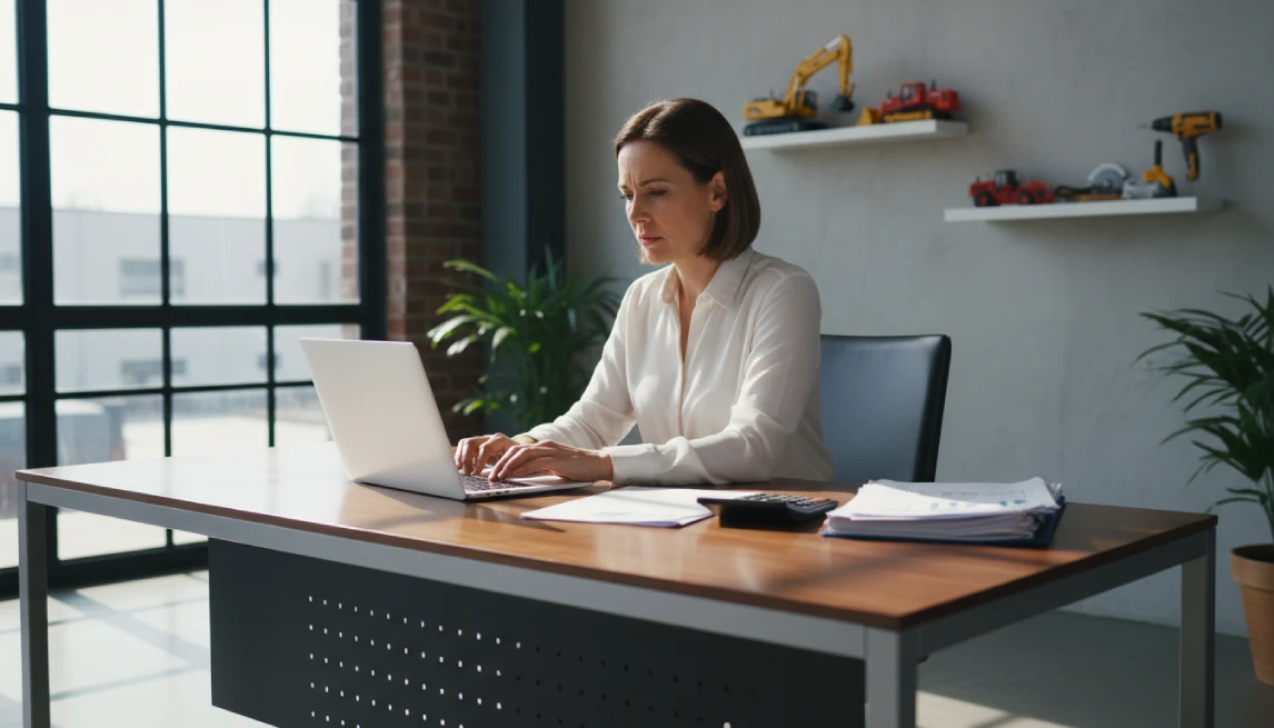 Professional calculating how to price rental rates for equipment at office desk
