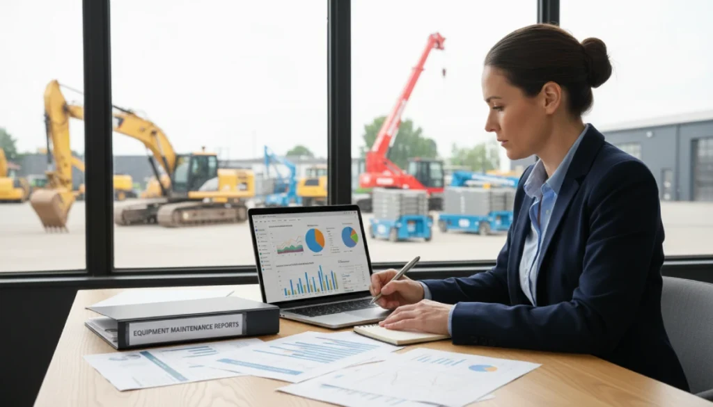 Professional analyzing data charts to determine factors in equipment rental pricing