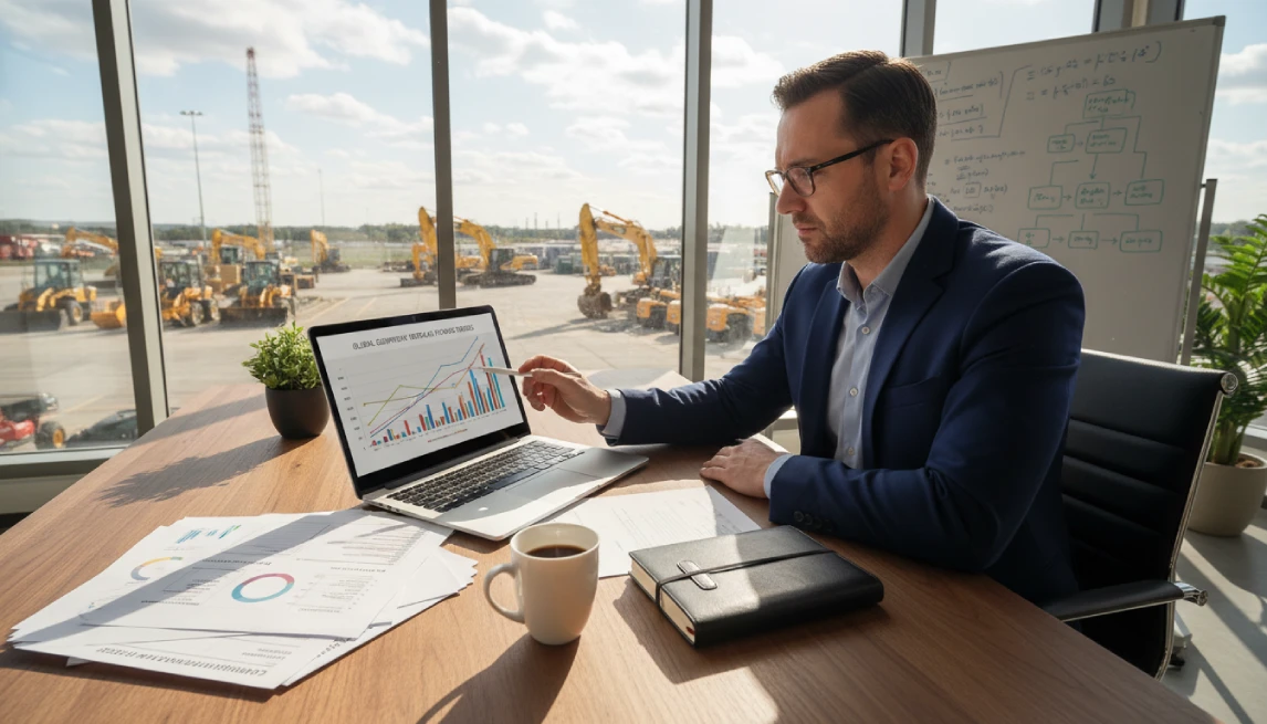 Business professional analyzing charts to calculate rental equipment costs