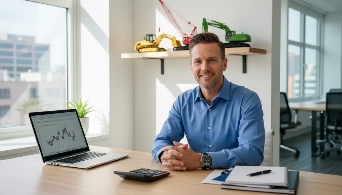 Smiling rental business owner reviewing equipment pricing chart