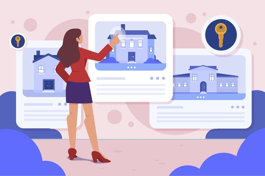 A woman is reviewing house listings on digital screens, emphasizing detailed descriptions.