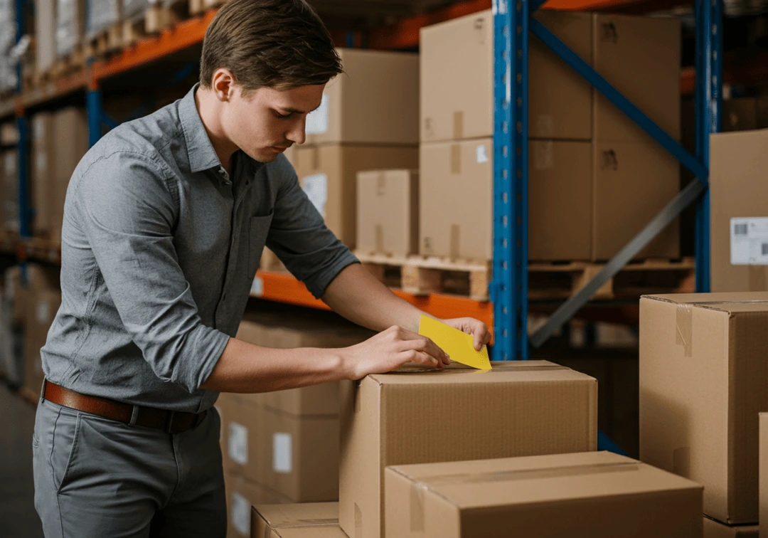 Warehouse worker labeling boxes for easy identification and theft prevention