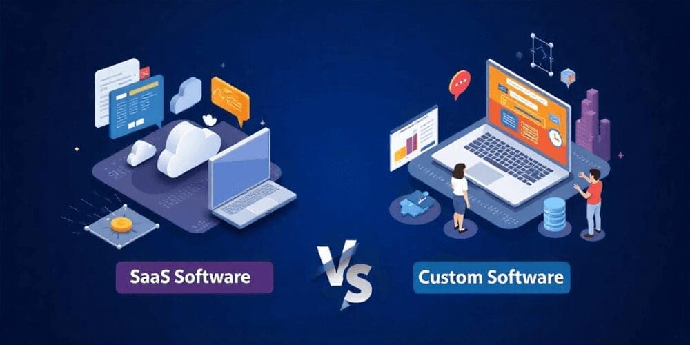 Illustration comparing build vs buy options for rental software