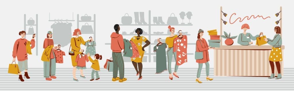 Customers shopping in a traditional retail store, browsing products and interacting with staff, highlighting potential challenges such as long queues and in-store experience.