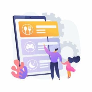 Illustration of a person interacting with rental management software on a large screen, showing various features such as food, gaming, and scheduling, highlighting how software improves business efficiency