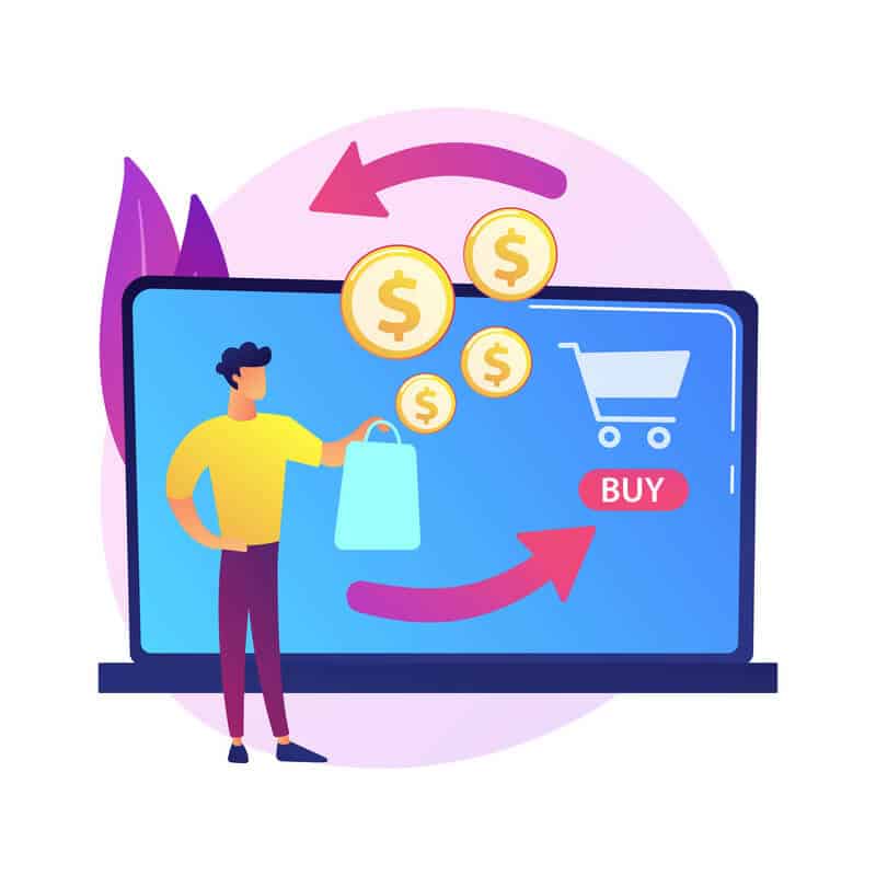 Person in front of a screen displaying a shopping cart and dollar signs, representing revenue growth via add-ons and upsells for bike rentals