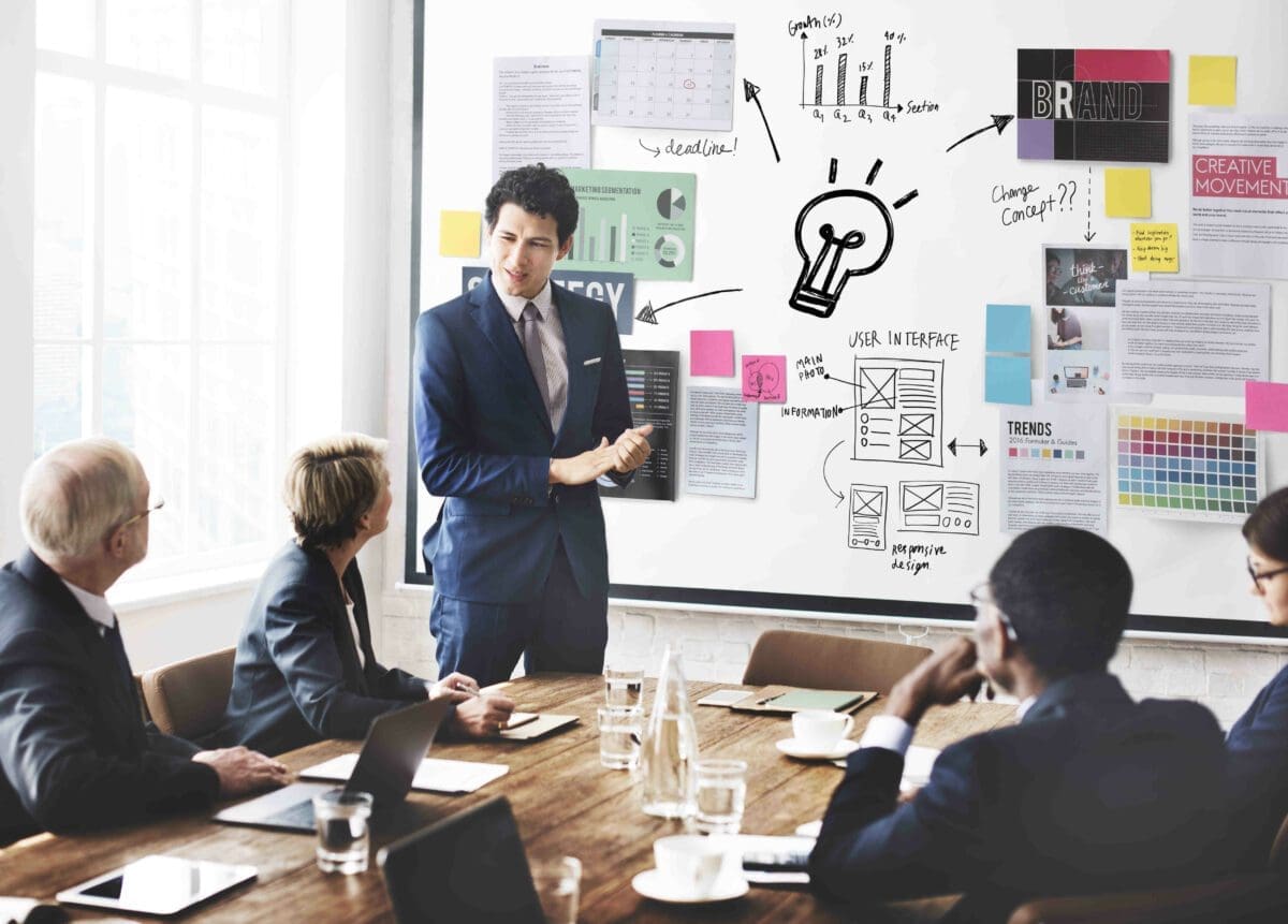 A team discussing a strategy for a business plan in the equipment rental industry