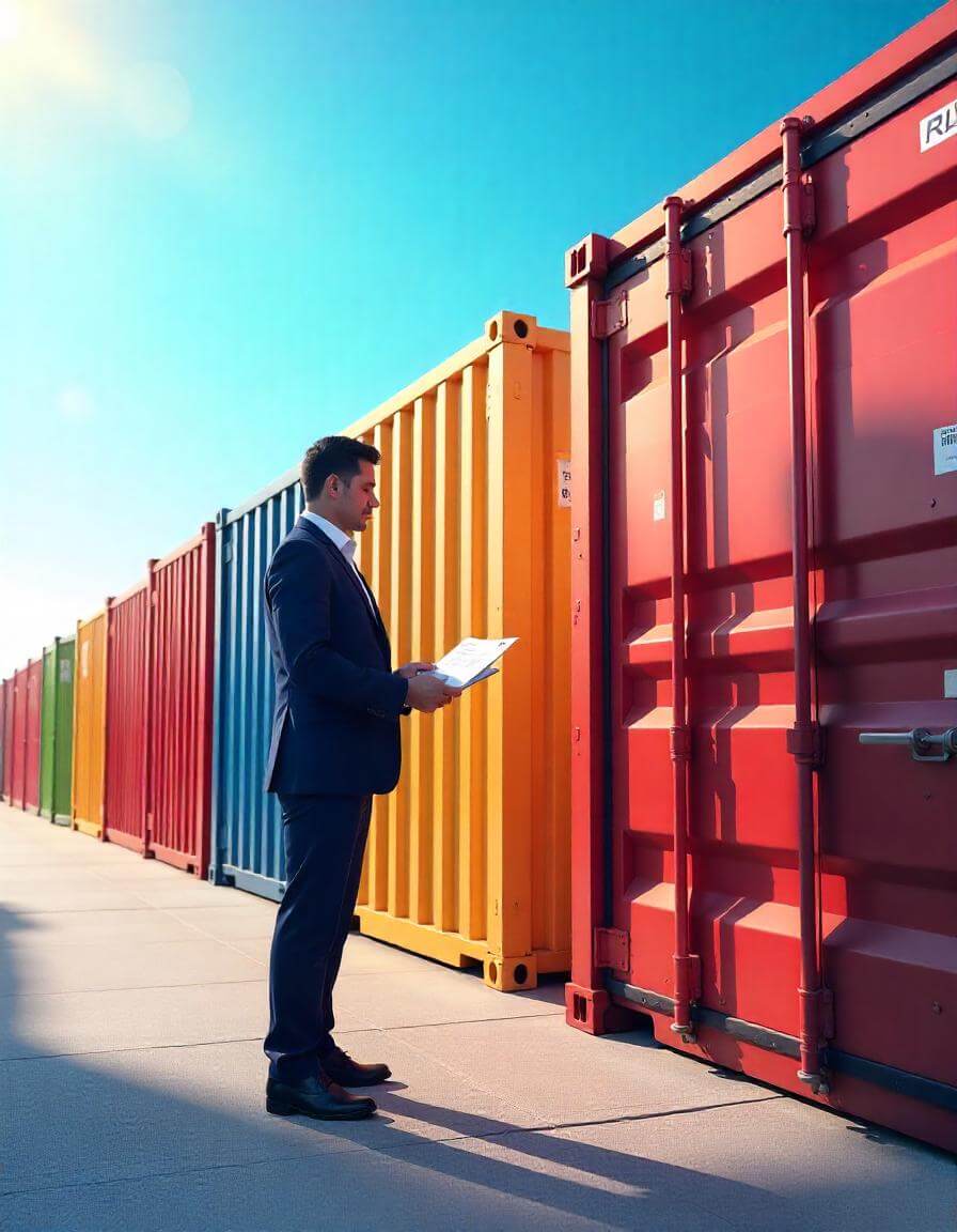 Container rental manager inspecting colorful storage units for revenue optimization