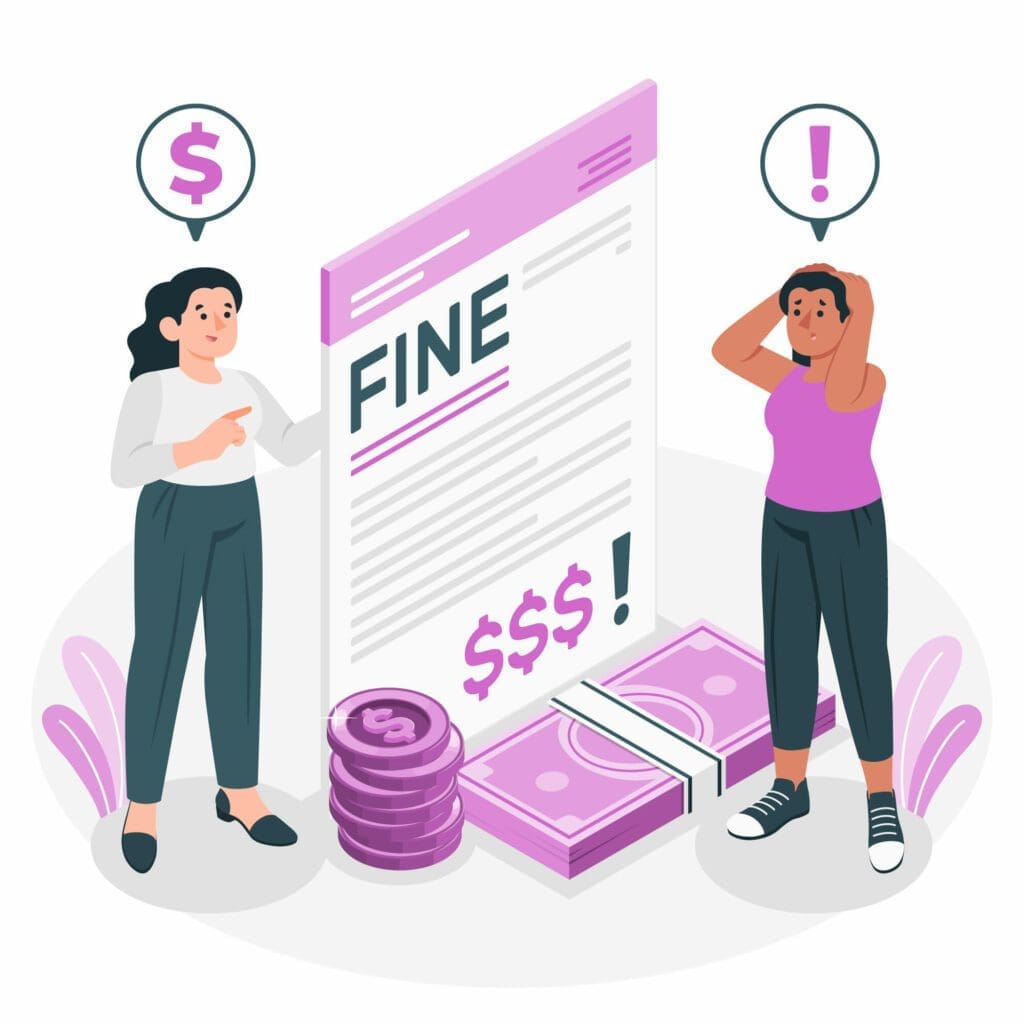 Two people reacting to a large fine notice, indicating financial penalties due to ignoring local laws and regulations in rental business