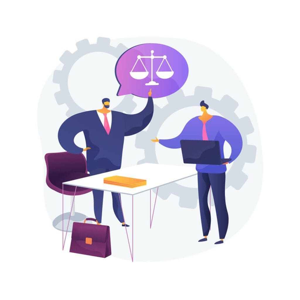 Illustration of a business professional looking concerned while discussing legal matters, symbolizing the importance of legal and insurance protections in rental businesses