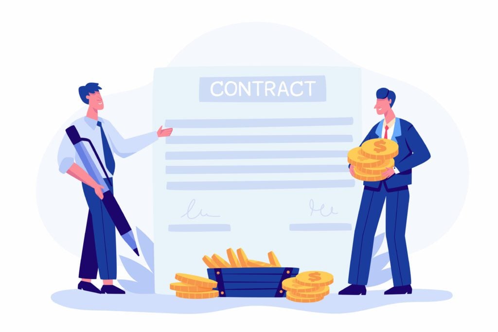 Illustration of two businessmen discussing a contract with one holding a large pen and the other holding stacks of coins, symbolizing the financial implications of not using rental agreements