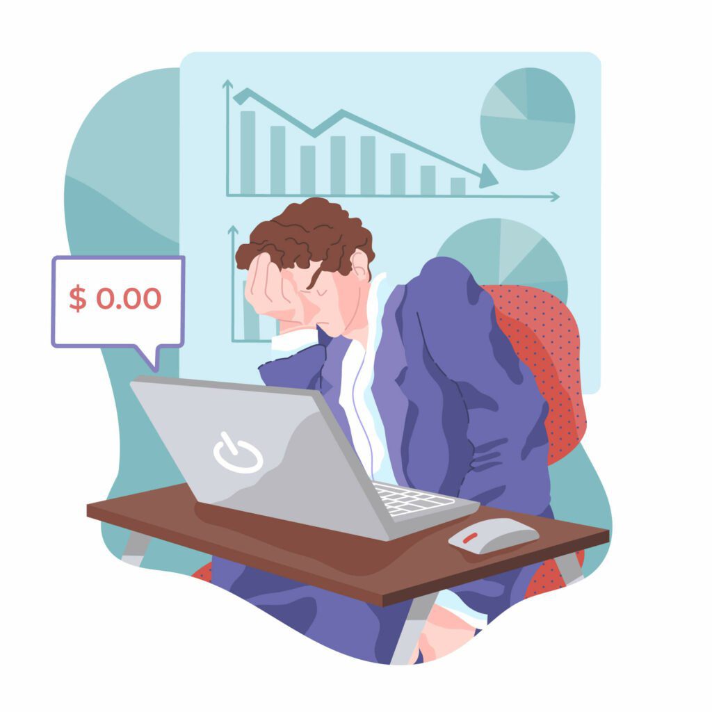 Frustrated businessperson with a laptop showing $0.00, illustrating financial loss due to pricing errors in rental business.