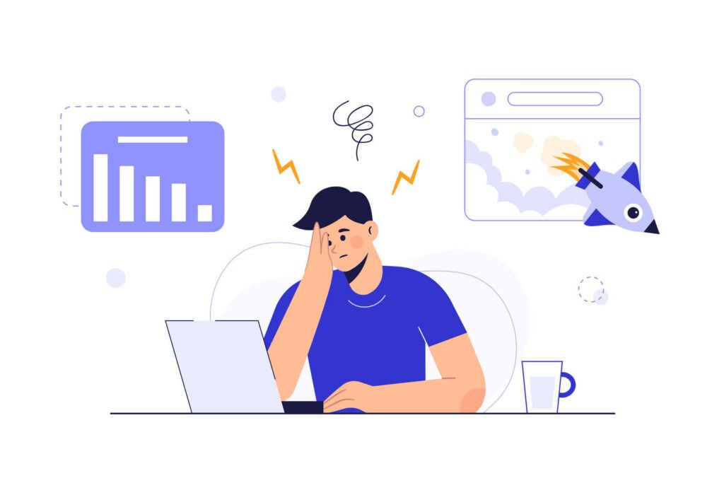 Illustration of a person looking frustrated while working on a laptop, surrounded by icons representing declining graphs and failed marketing efforts, symbolizing the impact of weak marketing and brand positioning on rental business profits.