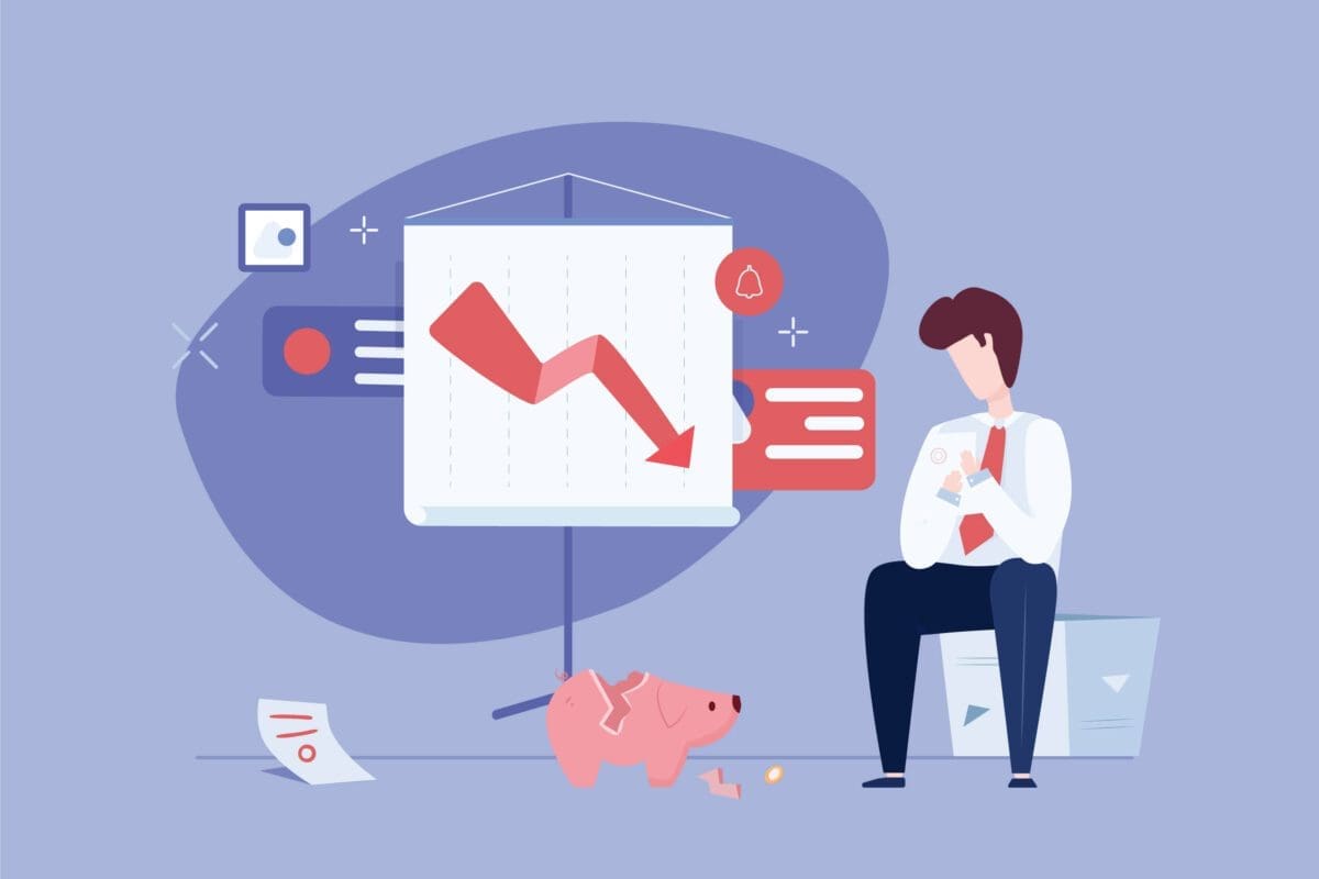 Illustration of a businessperson sitting next to a broken piggy bank and a downward trending graph, symbolizing financial losses in a rental business