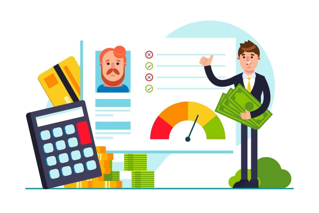 Financial management illustration with a credit card, calculator, and cash, emphasizing operational costs in rental businesses.