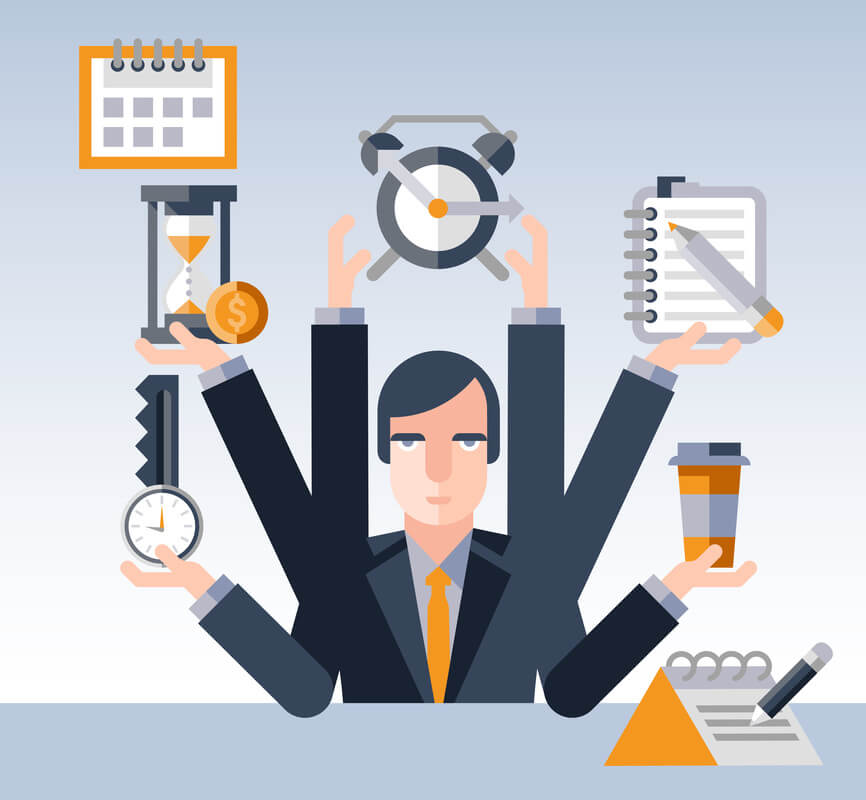Illustration of a manager handling multiple tasks representing common challenges in textbook rental management.