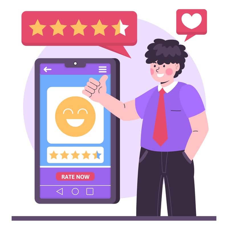 Man giving a 5-star rating on a smartphone, representing improved customer experience with equipment rental software