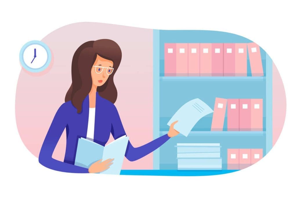 Illustration of a person tracking textbook inventory in a library setting for better management.