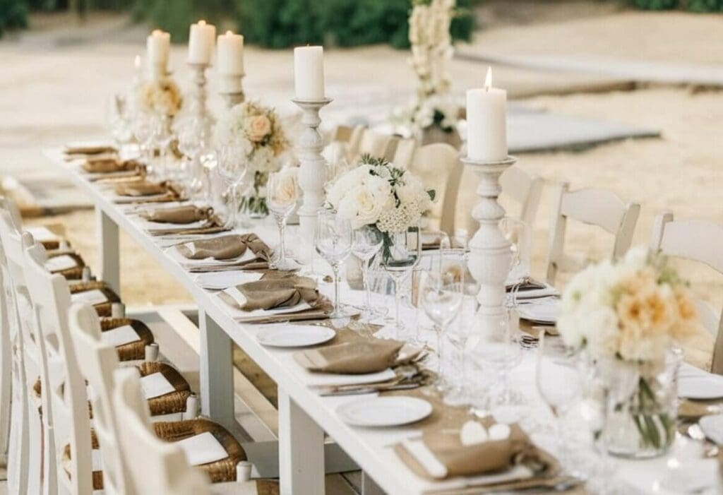 Elegant table setup with luxury event rentals featuring candles and floral decor.