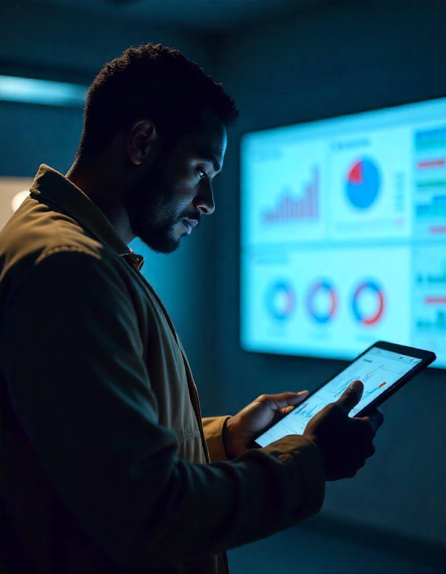 Business professional analyzing digital dashboard metrics in dark office environment