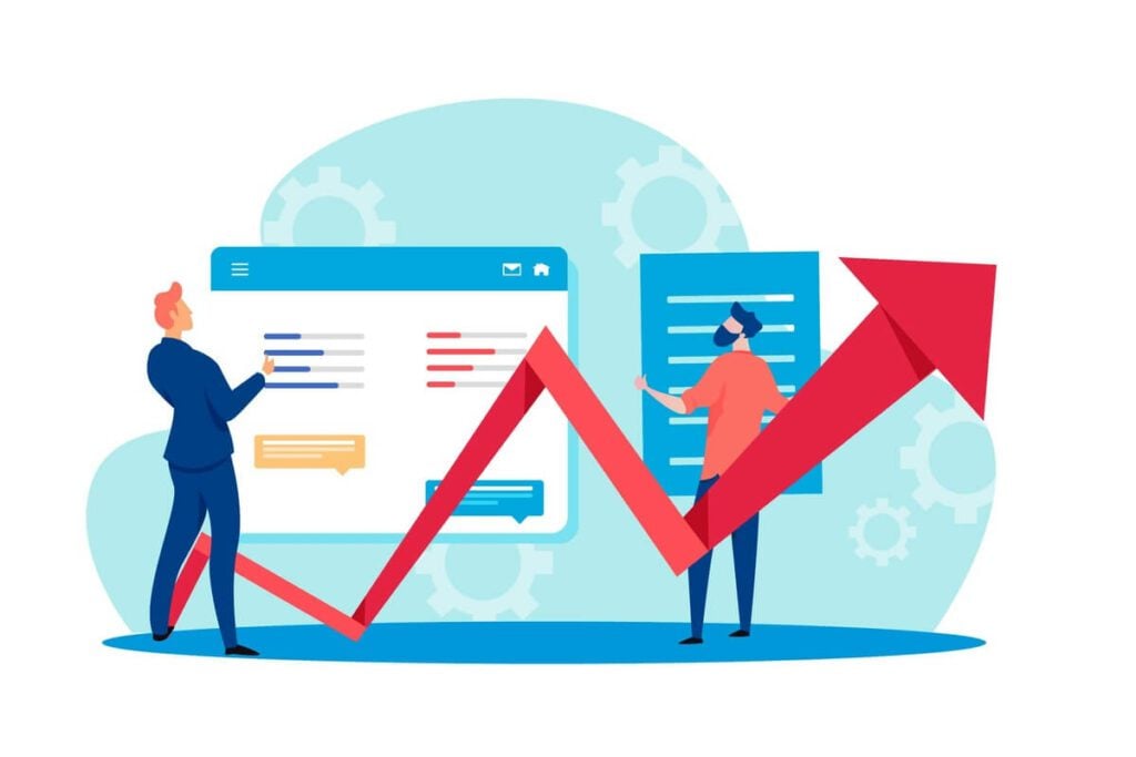 Illustration of growth charts and teamwork showcasing effortless scalability in textbook rental software.