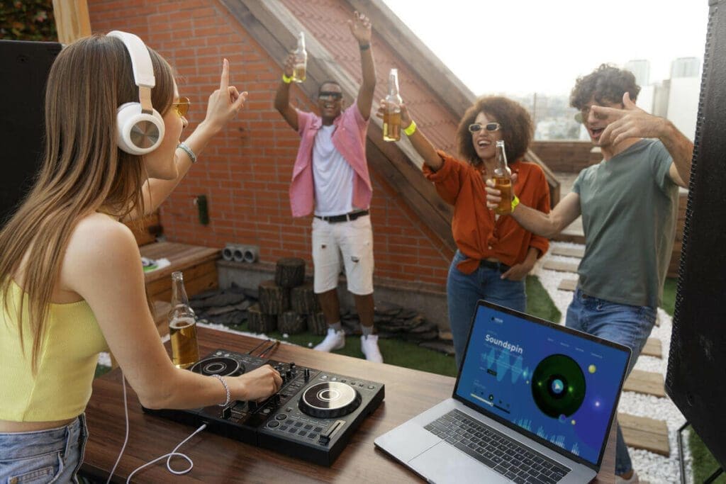 Rooftop party with DJ setup and LED lighting for a tech-savvy rental experience.
