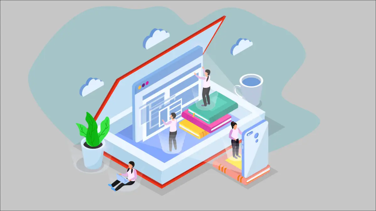 Illustration of digital textbook rental software interface with books and users interacting online.