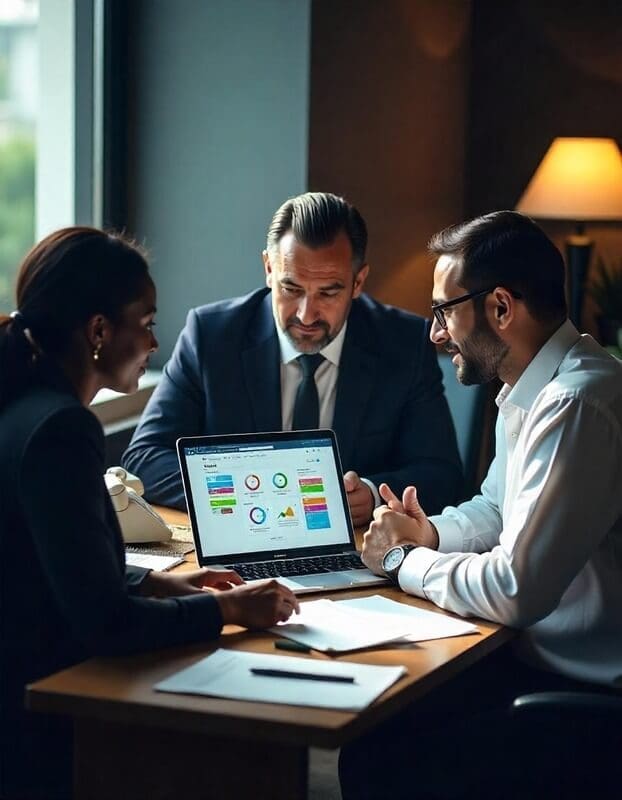 Business professionals discussing rental software benefits and investment