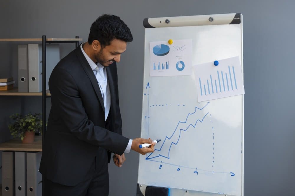 Businessperson showcasing data and graphs on whiteboard to boost profits