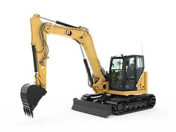 Caterpillar brand excavator machinery with hydraulic arm extended