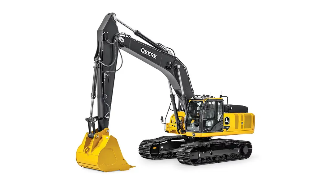 Heavy-duty John Deere excavator with digging bucket and tracks