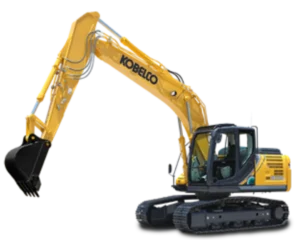 Yellow Kobelco excavator with black bucket and tracked wheels