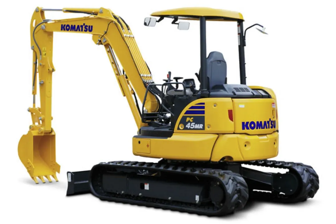 Komatsu excavator with open cab and extended hydraulic arm