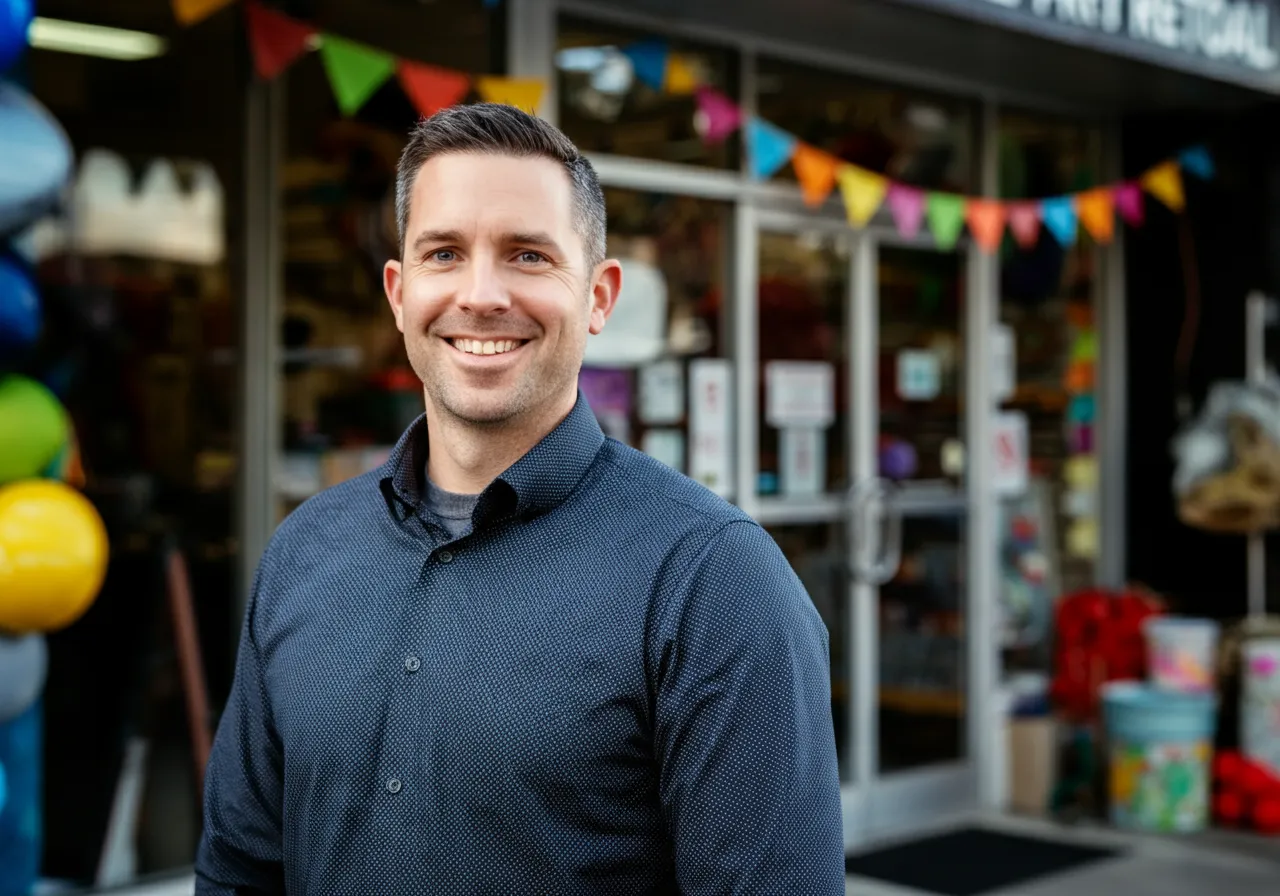 Party rental story with colorful flags, balloons, and a person in a blue shirt.