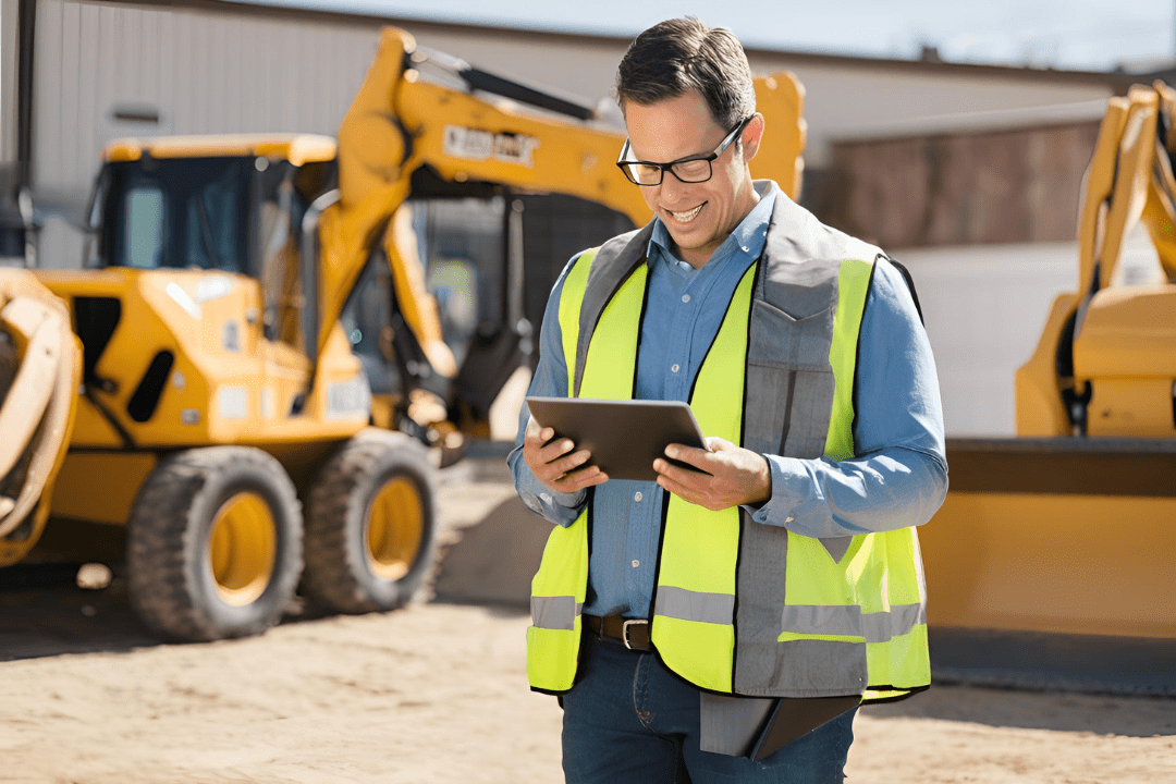 Businessman holding a tablet streamlines equipment rental operations.