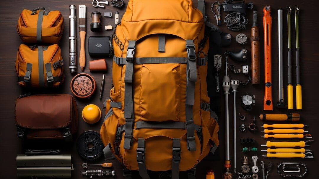 Collection of adventure gear including backpack, flashlight, and multi-tool