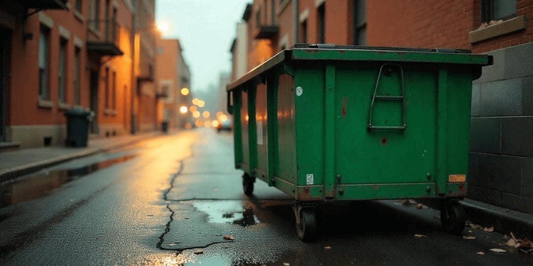 Green dumpster in urban setting highlighting rental business opportunities