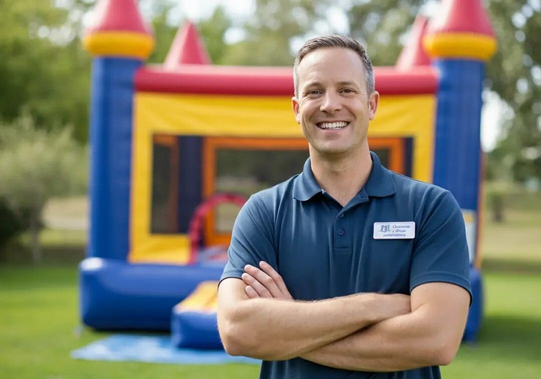 Business owner standing confidently by a vibrant inflatable bounce house.