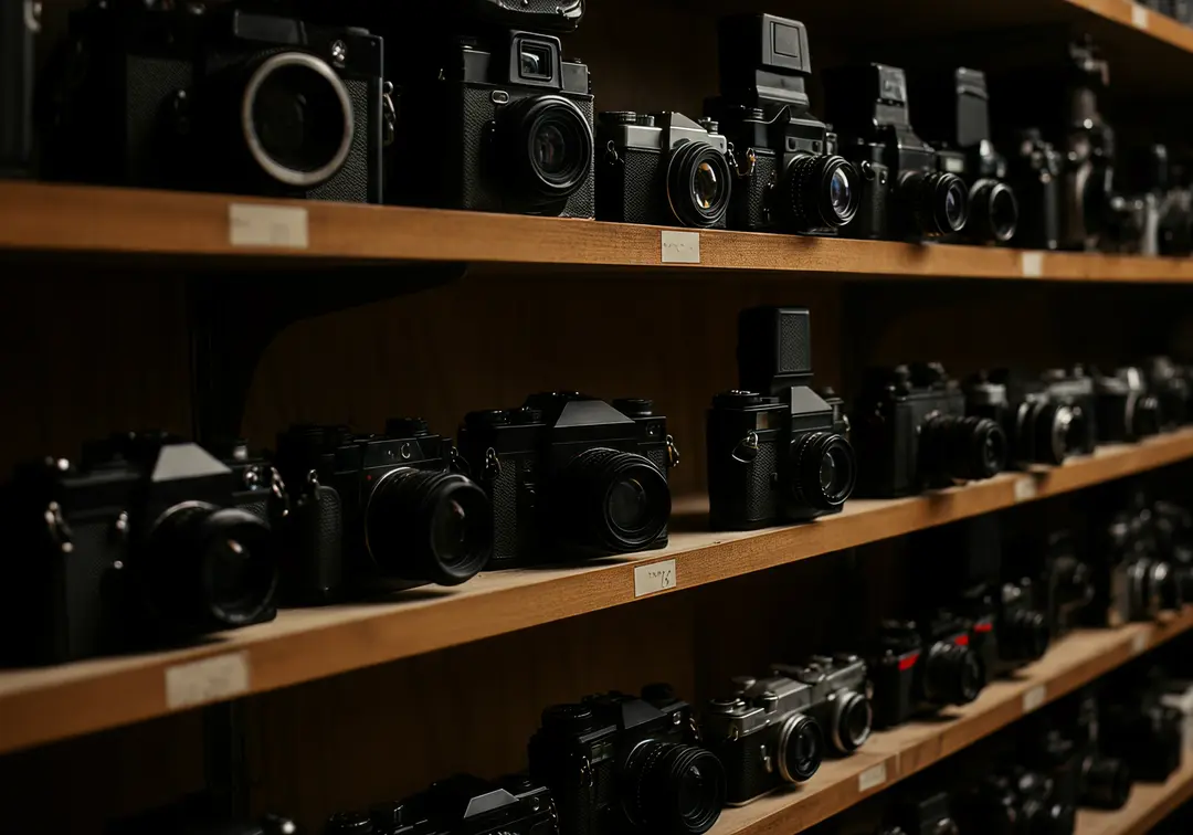 Organized cameras on shelves, essential for building a rental business inventory.