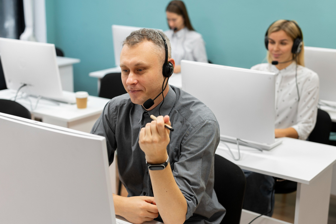 Customer service team in a call center, wearing headsets and assisting trailer rental customers.