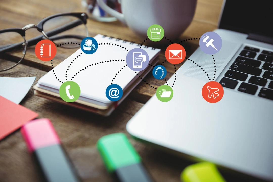 Digital icons illustrating communication and advertising strategies for table and chair rentals.