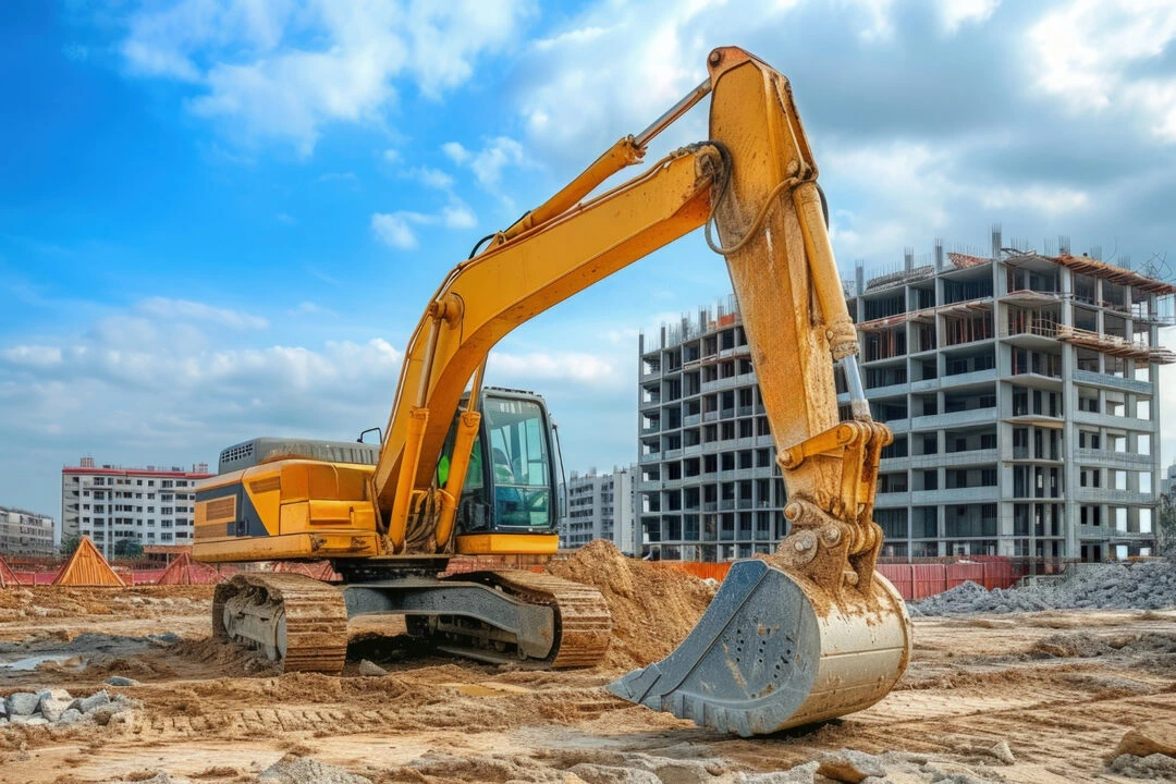 Excavator on-site for heavy equipment rental.