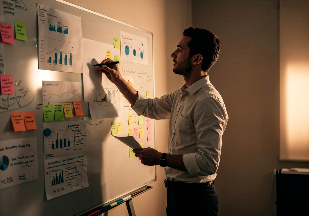 Person planning business strategies on a whiteboard, ideal for starting a table and chair rental business.