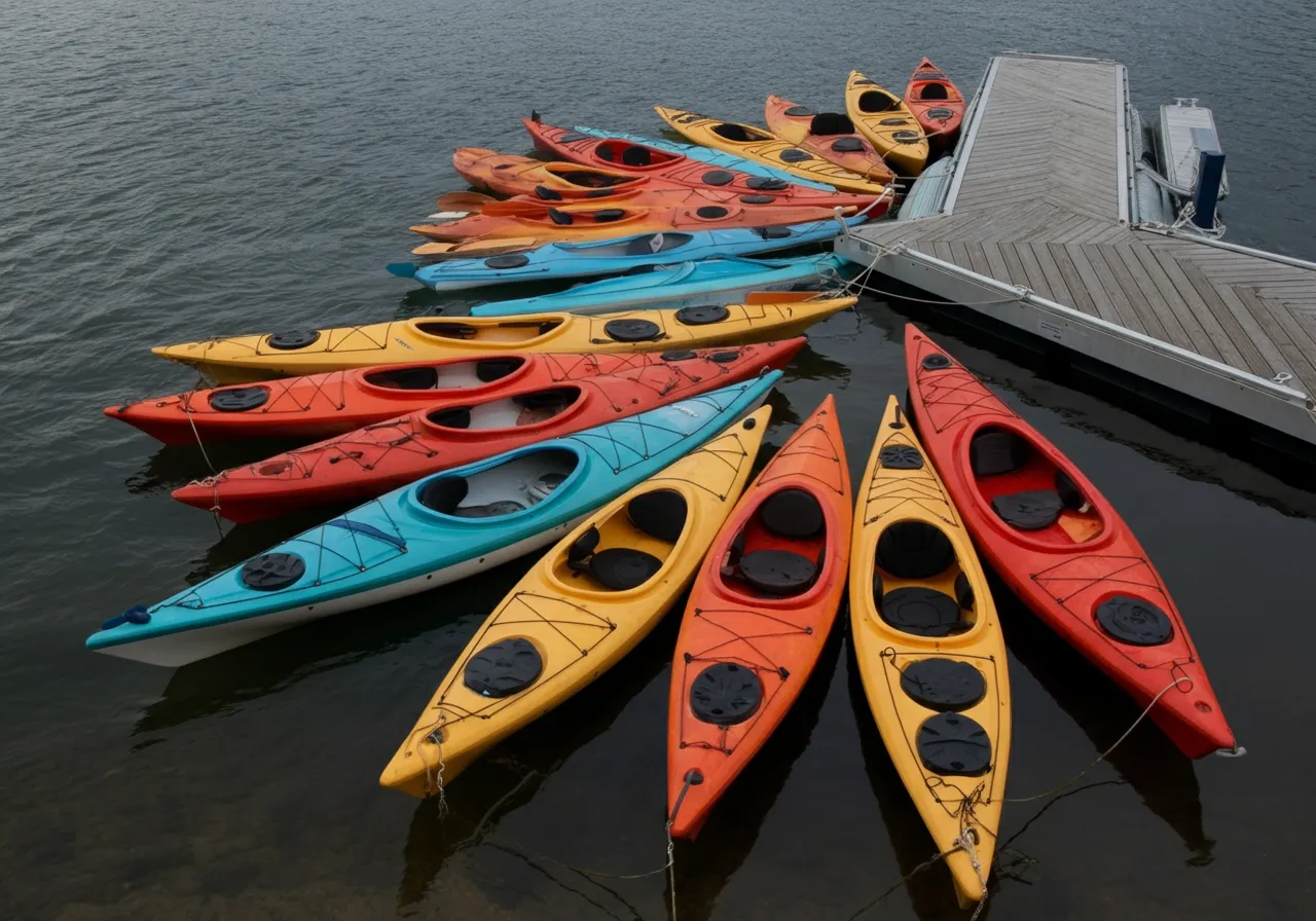A dockside area with multiple kayaks, demonstrating an ideal rental business location.
