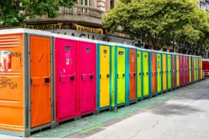 Organized outdoor porta-potties ready for rental