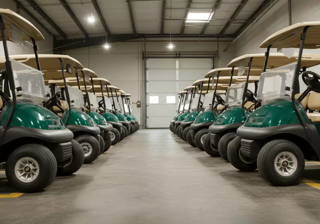 Golf carts stored indoors for a rental business fleet.